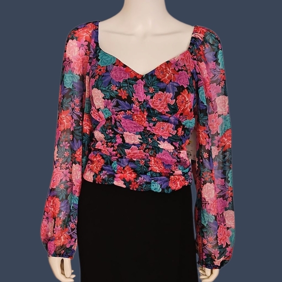 Vtg SO Purple Floral Corset Style Long Sleeve Chiffon Peasant Off Shoulder Top - Picture 1 of 11